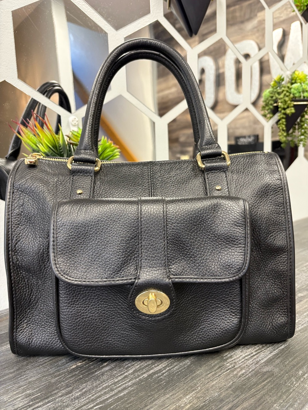 Ora Delphine Black Leather Satchel with Front Pocket and Gold Hardware